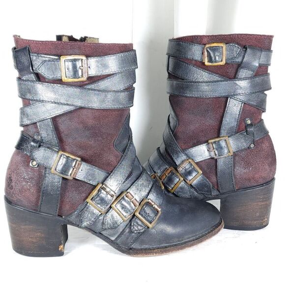 Freebird By Steven Women’s Colt US9 Black Leather Distressd Strappy Biker Boots - Picture 8 of 15